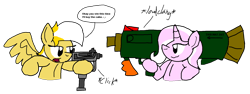 Size: 1773x669 | Tagged: safe, artist:hyperwave9000, derpibooru import, oc, oc only, oc:lamia, oc:vanillablitz, dialogue, gun, simple background, transparent background