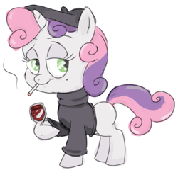 Size: 625x600 | Tagged: safe, artist:corwin, sweetie belle, beret, cigarette, clothes, filly, french, sweater, turtleneck, wine glass, wip