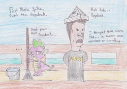 Size: 2948x2077 | Tagged: safe, artist:darkknightwolf2011, spike, dragon, beavis and butthead, bucket, butthead, crossover, hat, mop, paper hat, ship, traditional art