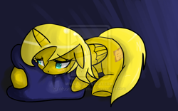 Size: 800x500 | Tagged: safe, artist:acharmingpony, derpibooru import, oc, oc only, oc:ticket, alicorn, pony, alicorn oc, crying, pillow, solo, watermark