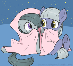 Size: 962x875 | Tagged: safe, artist:inkie-heart, limestone pie, marble pie, blanket, cute, female, filly, heart eyes, limabetes, marblebetes, siblings, sisters, smiling, sweet dreams fuel, underhoof, when she smiles, wingding eyes, younger