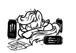 Size: 763x529 | Tagged: safe, artist:verrmont, derpibooru import, scootaloo, pegasus, pony, black and white, cute, cutealoo, energy drink, eyes closed, grayscale, monochrome, monster energy, pencil, sleeping, solo, vulgar