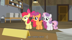 Size: 640x355 | Tagged: safe, derpibooru import, screencap, apple bloom, scootaloo, sweetie belle, earth pony, pegasus, pony, unicorn, ponyville confidential, bow, cutie mark crusaders, female, filly, open mouth, smiling, youtube caption