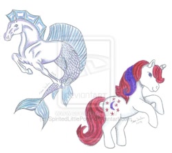 Size: 600x533 | Tagged: safe, artist:spiritedlittlepony, derpibooru import, moondancer (g1), hippocampus, merpony, deviantart watermark, obtrusive watermark, traditional art, watermark