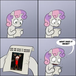 Size: 700x700 | Tagged: safe, sweetie belle, pony, unicorn, bipedal, comic, dialogue, exploitable meme, female, filly, gradient background, hoof hold, horn, letter, meme, nostalgia critic, paper, solo, speech bubble, sweetie's note meme, tarsem, the cell, two toned hair, two toned mane, white coat