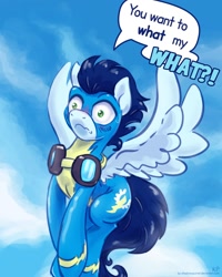 Size: 1200x1500 | Tagged: safe, artist:kp-shadowsquirrel, derpibooru import, soarin', blushing, clothes, flying, goggles, solo, uniform, wonderbolts