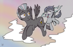 Size: 1024x664 | Tagged: safe, artist:inky-draws, derpibooru import, rumble, thunderlane, acrophobia, scared