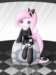 Size: 768x1024 | Tagged: safe, artist:jdan-s, derpibooru import, oc, oc only, oc:cyberia heart, original species, pony, robot, robot pony, bow, clothes, companion cube, ponytail, socks, solo, sweater