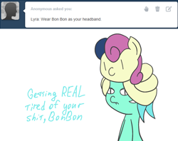 Size: 1260x1000 | Tagged: safe, artist:fantasyglow, bon bon, lyra heartstrings, sweetie drops, earth pony, pony, unicorn, ask, bon bon is amused, bonpun, duo, longbon, lyra is not amused, pony hat, pun, tumblr, unamused, vulgar