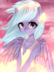 Size: 1200x1600 | Tagged: safe, artist:marinakirby, cloudchaser, anthro, absolute cleavage, blushing, breasts, cleavage, clothes, cloud, cutechaser, dress, female, sideboob, solo, windswept mane