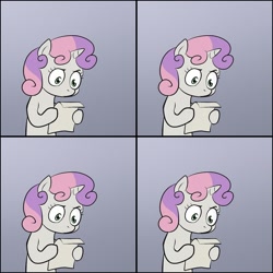 Size: 700x700 | Tagged: safe, sweetie belle, pony, unicorn, bipedal, exploitable meme, female, filly, gradient background, hoof hold, horn, letter, meme, paper, solo, sweetie's note meme, two toned hair, white coat