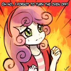 Size: 750x750 | Tagged: safe, artist:lumineko, sweetie belle, equestria girls, fire, pyro belle, sad, solo, sweat, sweetie fail, this will end in fire, wavy mouth