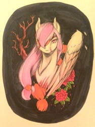 Size: 1024x1363 | Tagged: safe, artist:oneiria-fylakas, oc, oc only, oc:shiny nature, pegasus, pony, eyepatch, flower, solo, traditional art, tree