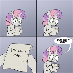 Size: 1200x1200 | Tagged: safe, sweetie belle, pony, unicorn, bipedal, comic, dialogue, exploitable meme, female, filly, gradient background, hoof hold, horn, illiteracy, irony, letter, meme, paper, solo, speech bubble, sweetie's note meme, two toned hair, two toned mane, white coat