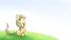 Size: 1920x1080 | Tagged: safe, artist:dshou, derpibooru import, apple fritter, earth pony, pony, apple family member, bow, female, grass, hair bow, looking at you, mare, sitting, sky, solo, tail bow, underhoof