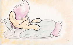 Size: 1177x723 | Tagged: safe, artist:slightlyshade, scootaloo, blanket, pillow, sleeping, solo, traditional art, watercolor painting