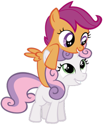 Size: 728x879 | Tagged: safe, artist:lazypixel, artist:thestorm117, derpibooru import, scootaloo, sweetie belle, pegasus, pony, unicorn, cute, cutealoo, diasweetes, glomp, grin, hat, hug, ponies riding ponies, pony hat, simple background, smiling, squee, transparent background, vector