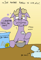 Size: 1002x1454 | Tagged: safe, artist:merkleythedrunken, derpibooru import, oc, oc only, oc:brann flakes, askcookieandbrann, cereal, solo