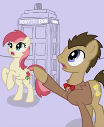 Size: 735x900 | Tagged: safe, artist:arrkhal, derpibooru import, doctor whooves, roseluck, crossover, doctor who, doctorrose, female, male, pointing, shipping, straight, tardis