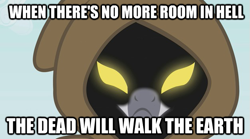 Size: 625x348 | Tagged: safe, zecora, zebra, dawn of the dead, glowing eyes, hood, meme, movie quote