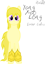 Size: 2116x2968 | Tagged: safe, artist:rainboomrunner, derpibooru import, ember celica, monty oum, ponified, roosterteeth, rwby, solo, text, yang xiao long, yellow