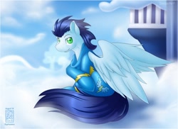 Size: 908x660 | Tagged: safe, artist:skyheavens, derpibooru import, soarin', pegasus, pony, cloud, cloudsdale, colored pupils, looking at you, male, sitting, sky, solo, spread wings, stallion, wings, wonderbolts uniform