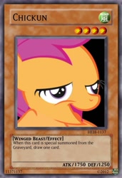 Size: 640x934 | Tagged: safe, derpibooru import, scootaloo, chickun, dan is me, exploitable meme, forced meme, yu-gi-oh!