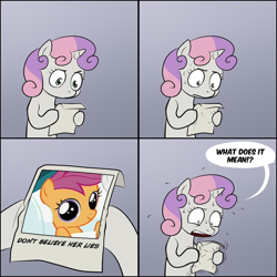 Size: 900x900 | Tagged: safe, scootaloo, sweetie belle, pony, unicorn, bipedal, comic, dialogue, exploitable meme, female, filly, gradient background, hoof hold, horn, letter, meme, memento, paper, parody, solo, speech bubble, sweetie's note meme, two toned hair, two toned mane, white coat