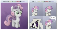Size: 537x282 | Tagged: safe, sweetie belle, pony, unicorn, bipedal, comic, derpibooru, dialogue, exploitable meme, female, filly, gradient background, hoof hold, horn, juxtaposition, juxtaposition win, letter, meme, paper, solo, speech bubble, sweetie's note meme, two toned hair, two toned mane, white coat