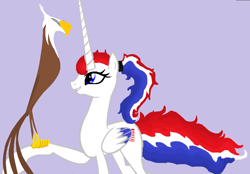 Size: 1036x720 | Tagged: safe, artist:rulafur, derpibooru import, oc, oc only, alicorn, bald eagle, bird, eagle, phoenix, pony, 1000 hours in ms paint, 4th of july, alicorn oc, american independence day, independence day, nation ponies, purple background, simple background, united states