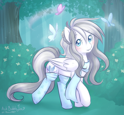 Size: 2563x2386 | Tagged: safe, artist:askbubblelee, oc, oc only, oc:white butterfly, butterfly, pegasus, pony, blushing, clothes, crepuscular rays, cute, forest, scarf, solo, stockings, sunlight