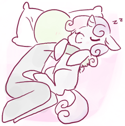 Size: 279x282 | Tagged: artist needed, safe, derpibooru import, sweetie belle, oc, oc:anon, human, blushing, cuddling, cute, human on pony snuggling, sleeping, snuggling, sweet dreams fuel, zzz