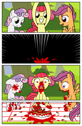 Size: 900x1381 | Tagged: safe, artist:habijob, derpibooru import, apple bloom, scootaloo, sweetie belle, comic, cutie mark crusaders, french fries, ketchup, not blood