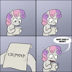 Size: 800x800 | Tagged: safe, sweetie belle, pony, unicorn, bipedal, comic, dialogue, exploitable meme, female, filly, gradient background, hoof hold, horn, ithkuil, letter, meme, paper, solo, speech bubble, sweetie's note meme, two toned hair, two toned mane, white coat