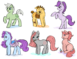 Size: 1000x764 | Tagged: safe, artist:andrewsarchusjones, derpibooru import, blossom, blue belle, butterscotch (g1), cotton candy (g1), minty (g1), snuzzle, butterfly, g1, bag, cake, eating, g1 to g4, generation leap, glasses, mouth hold, original six, pencil, rearing, saddle