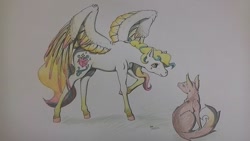 Size: 1024x576 | Tagged: safe, artist:oneiria-fylakas, oc, oc only, oc:little presents, fox, pegasus, pony, female, mare, solo, traditional art