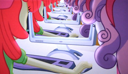 Size: 864x496 | Tagged: safe, derpibooru import, edit, edited screencap, screencap, apple bloom, sweetie belle, equestria girls, equestria girls (movie), computer, crossing the memes, droste effect, duo, exploitable meme, inception, meme, memeception, obligatory pony, recursion, the crusaders browse the internet