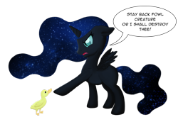 Size: 1024x675 | Tagged: safe, artist:iraincloud, derpibooru import, nightmare moon, duck, cute, filly, floppy ears, glare, nightmare woon, open mouth, pointing, pun, solo, spread wings