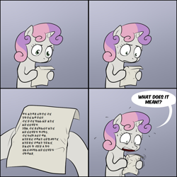 Size: 1280x1280 | Tagged: safe, sweetie belle, pony, unicorn, bipedal, comic, confused, dialogue, exploitable meme, female, filly, gradient background, hoof hold, horn, letter, meme, paper, solo, speech bubble, sweat, sweetie's note meme, two toned hair, two toned mane, white coat