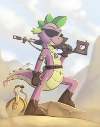 Size: 1009x1278 | Tagged: safe, artist:spotty the cheetah, edit, spike, dragon, belly button, dog tags, gun, solo, sunglasses, teenage spike, weapon