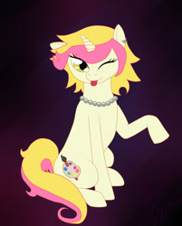 Size: 801x998 | Tagged: safe, artist:roboponylove, derpibooru import, oc, oc only, oc:peach palette, pony, unicorn, ear piercing, female, mare, necklace, solo, tongue out, wink