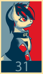 Size: 1329x2269 | Tagged: safe, artist:riahz, oc, oc only, oc:littlepip, pony, unicorn, fallout equestria, 31, clothes, fanfic, fanfic art, female, hope poster, horn, mare, poster, propaganda, shepard fairey, solo, vault suit