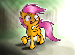 Size: 1000x740 | Tagged: safe, artist:mugg1991, derpibooru import, scootaloo, pegasus, pony, detailed background, female, filly, solo