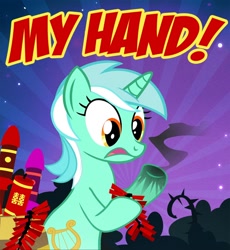 Size: 900x978 | Tagged: safe, artist:pixelkitties, derpibooru import, lyra heartstrings, pony, unicorn, burned, caption, chinese, fireworks, hand, solo, that pony sure does love hands