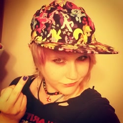 Size: 500x500 | Tagged: safe, derpibooru import, human, brony, finger, hat, irl, irl human, middle finger, photo, solo, vulgar