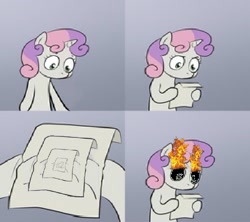 Size: 608x539 | Tagged: safe, derpibooru import, edit, sweetie belle, pony, unicorn, awful res, bipedal, droste effect, exploitable meme, female, filly, gradient background, hoof hold, horn, letter, looks worse than my father-in-law, lowres, meme, needs more jpeg, paper, recursion, solo, sweetie's note meme, terrible, two toned hair, white coat