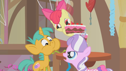 Size: 1280x720 | Tagged: safe, screencap, apple bloom, diamond tiara, snails, call of the cutie, cake, puffy cheeks