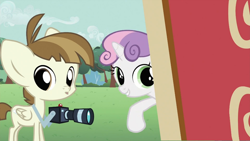 Size: 994x559 | Tagged: safe, screencap, featherweight, sweetie belle, ponyville confidential, camera, smiling