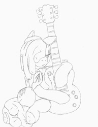 Size: 557x720 | Tagged: safe, artist:silvabebangin, derpibooru import, oc, oc only, earth pony, pony, guitar, musical instrument, traditional art, young