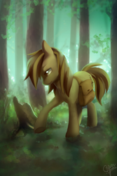 Size: 1260x1890 | Tagged: safe, artist:dawnfire, oc, oc only, oc:pathfinder, colored pupils, forest, looking down, raised hoof, sad, scenery, signature, solo